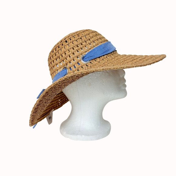 Open Weave Floppy Straw Hat Wide Brim Blue Bow Grommets Beach Cruise Resort Chic - Picture 16 of 16